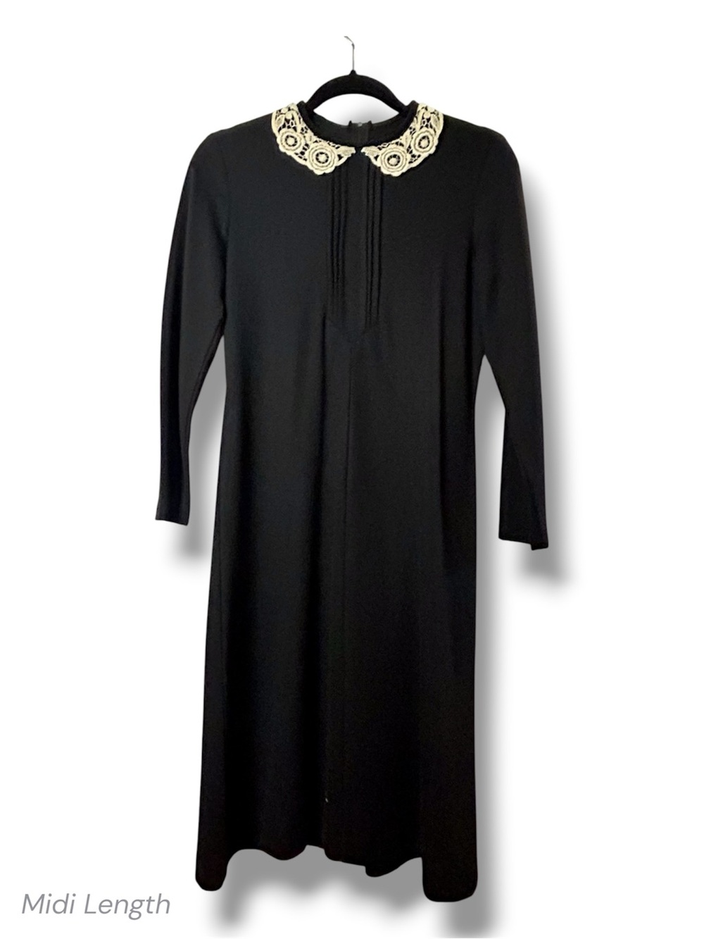 Vintage Happenings Black Shift Midi Dress Ivory Lace Crochet Collar Retro MCM SM